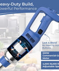Heavy Duty Commercial Immersion Blender With 500 Watt Motor And 16 Inch Stainless Steel Shaft For Restaurants Handling Thick Soups And Creamy Sauces NSF Certified showing blue handle and motor details.