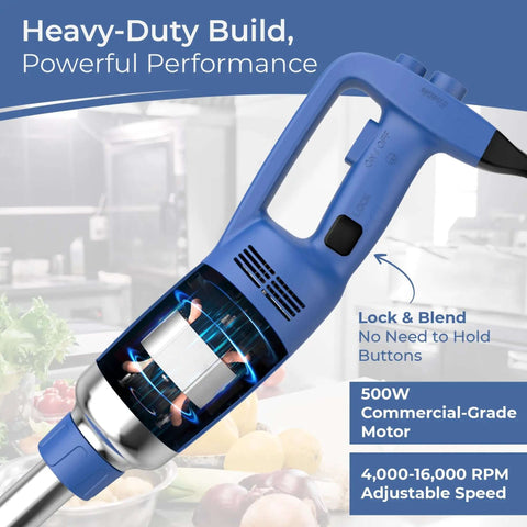 Heavy Duty Commercial Immersion Blender With 500 Watt Motor And 16 Inch Stainless Steel Shaft For Restaurants Handling Thick Soups And Creamy Sauces NSF Certified showing blue handle and motor details.