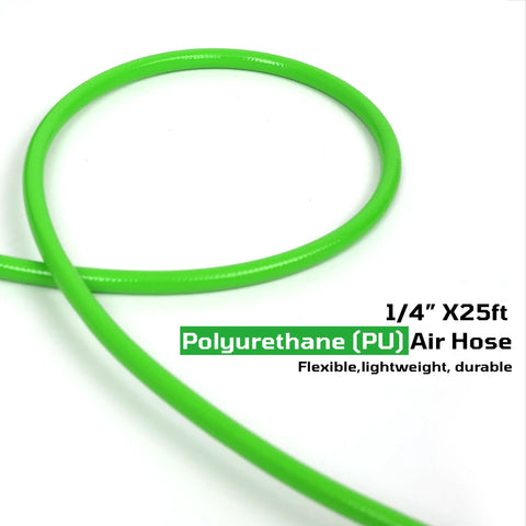 Heavy-Duty Polyurethane Braided Air Hose One Quarter Inch By Twenty-Five Feet Plus Ten-Piece Air Compressor Accessories Kit 200 PSI Ultra Lightweight Quick-Connect Brass Fittings Durable Easy Setup For Home Shop, close-up of green hose coil.