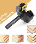 Slab Flattening Router Bit With Two Plus Two Carbide Inserts, One Quarter Inch Shank, One And Three Eighths Inch Cutting Diameter, Long Life TiN Coating for smoother spoilboard surfacing, shown with material samples.