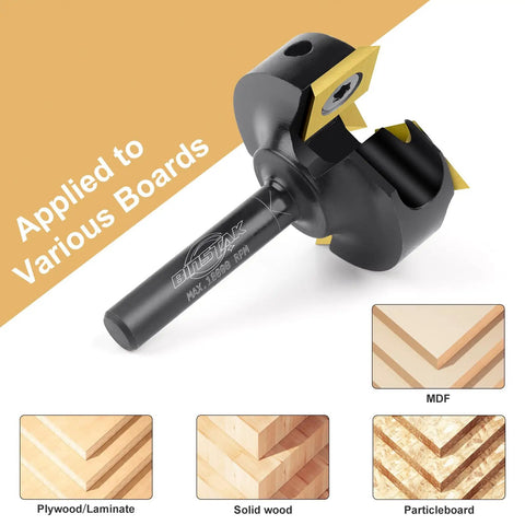 Slab Flattening Router Bit With Two Plus Two Carbide Inserts, One Quarter Inch Shank, One And Three Eighths Inch Cutting Diameter, Long Life TiN Coating for smoother spoilboard surfacing, shown with material samples.
