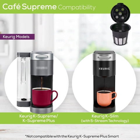 Keurig brewers with Cafe Supreme Reusable Coffee Filter Pod compatibility chart, showing K-Supreme Plus and K-Slim models.