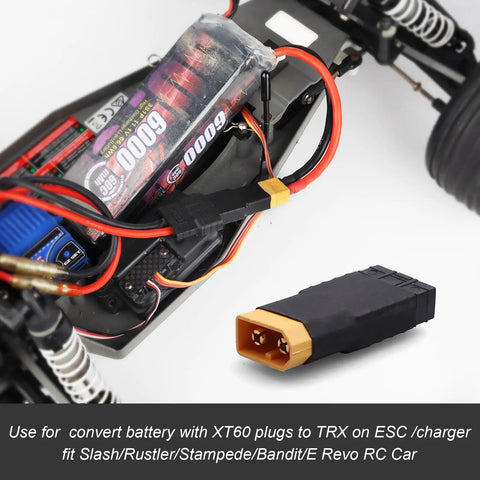 XT60 To TRX RC Battery Charger Adapter Connectors For Traxxas Slash Rustler Stampede Bandit E Revo Cars 3 Pack shown in use