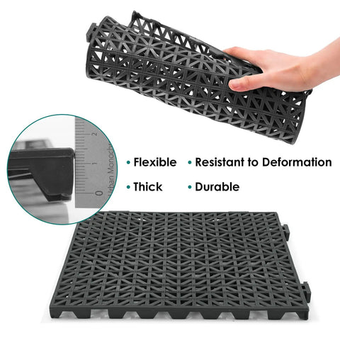 Person holding rolled Interlocking Cushion Anti Fatigue Floor Mat For Pool Deck Drain Patio Balcony Yard, showing drainage design and flexibility.