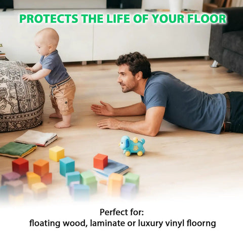Heavy Duty Black Underlayment Roll With Adhesive Strip For Vinyl Laminate Engineered Wood Floors 6 Mil Thick 360 Square Foot Coverage in use with child on floor.