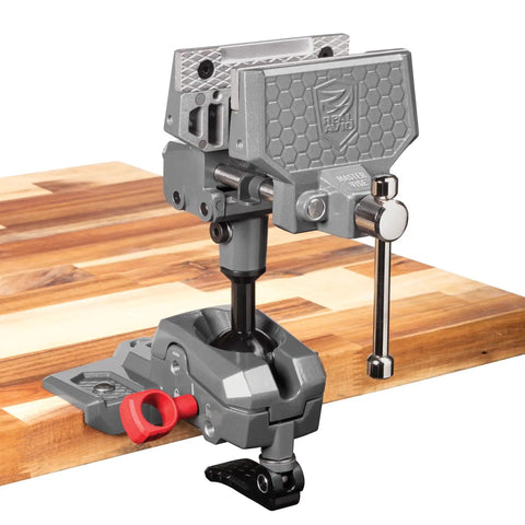 360 Degree Swivel Bench Vise With 5 Inch Jaw Width For Gun Cleaning And Maintenance High Torque Up To 100 Ft Lb Ideal For Woodworking DIY Projects Firearm DIY And Versatile Clamping installed on a workbench
