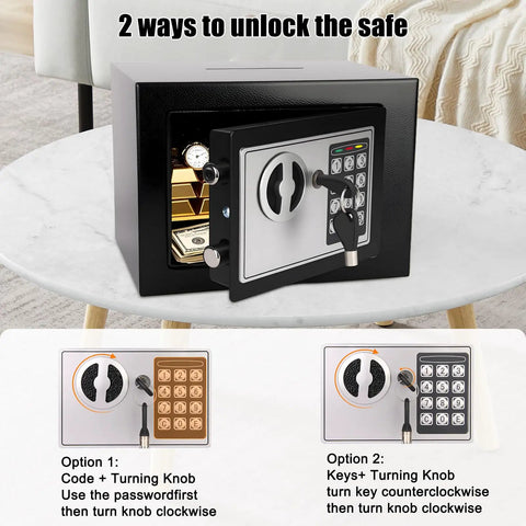 Mini Electronic Safe Box With Digital Keypad 0.23 Cu Ft Compact Home Safe on table showing dual unlocking options.