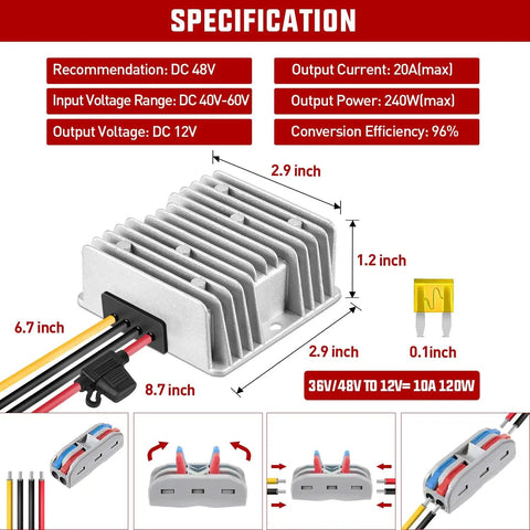 Beefy 48V To 12V Converter 240W 20A Waterproof Regulator Step Down To 12V DC Power Supply Module with dimensions and features.