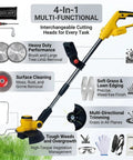 4 In 1 Cordless Grass Trimmer And Brush Cutter For 20V Battery Systems showing interchangeable cutting heads and functions