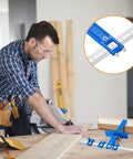 Pro Grade Cabinet Hardware Jig Kit Featuring Precision Drill Sleeves And Heavy Duty Mounting Template For Total Dead On Drawer Pull And Knob Installation Zero Sweat in use with a woodworker measuring and cutting wood.