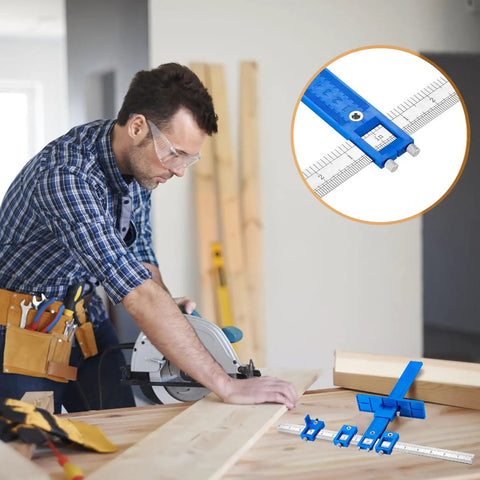 Pro Grade Cabinet Hardware Jig Kit Featuring Precision Drill Sleeves And Heavy Duty Mounting Template For Total Dead On Drawer Pull And Knob Installation Zero Sweat in use with a woodworker measuring and cutting wood.
