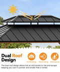 Hard Top Gazebo 10x14 With Double Galvanized Steel Roof, 4 LED Lights, Mosquito Nettings, Wood Grain Patio Shelter With Decor Hooks, Weatherproof Outdoor Canopy For Backyard dual roof design.