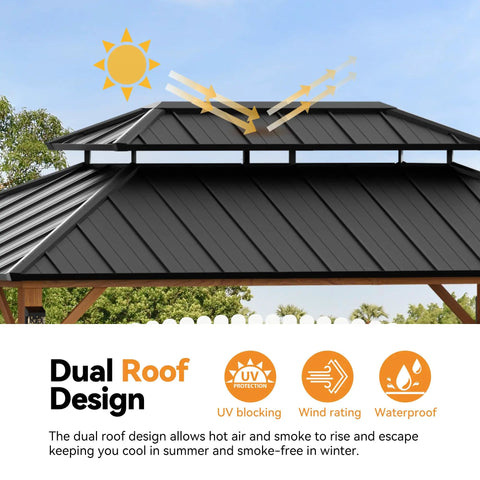 Hard Top Gazebo 10x14 With Double Galvanized Steel Roof, 4 LED Lights, Mosquito Nettings, Wood Grain Patio Shelter With Decor Hooks, Weatherproof Outdoor Canopy For Backyard dual roof design.