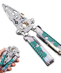 23 In 1 Foldable Go-To Electrical Pliers Multitool with Wire Stripper, Voltage Tester and Crimper, open and compact view