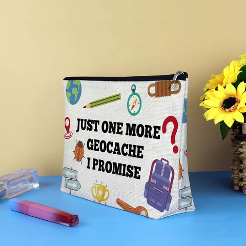 Geocaching Themed Makeup Bag For Women, Outdoor Treasure Hunter Gift, Go To Gift For Birthday Christmas Graduation, Double Sided Print Cosmetic Bag 10x7 Inches, Lightweight Zipper Pouch with graphics and zipper