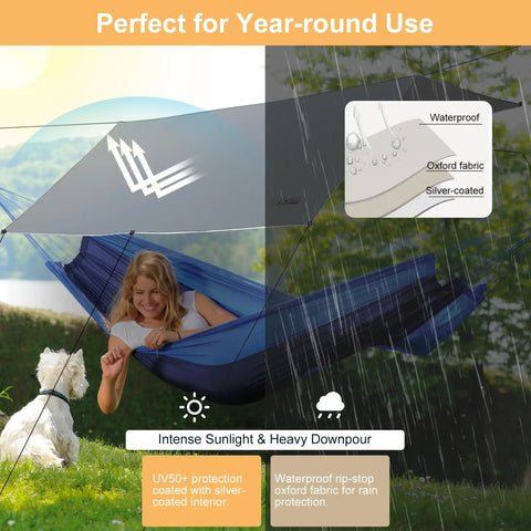 Beefy 16x12 Ft Camping Tarp With Poles Waterproof Canopy Rain Shelter in use during sun and rain