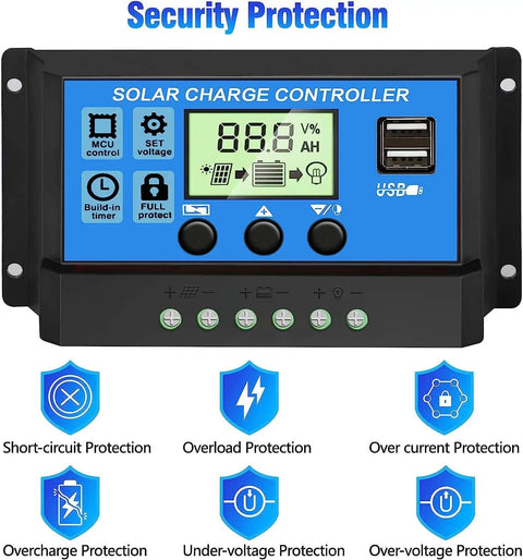 Beast 30A Solar Charge Controller For 12V And 24V Systems With Adjustable LCD Display, Dual USB Ports, Security Features