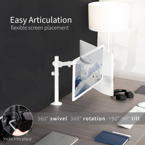 Heavy Hitter Single Monitor Desk Mount With Smooth Tilt And Swivel for 32 Inch or 38 Inch Ultrawide Displays showcasing 360° swivel and tilt.