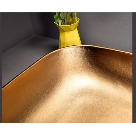 Top Shelf Ceramic Vessel Sink For Bathroom Countertops, Slick Polished Porcelain Art Basin with rich golden finish and smooth rim.