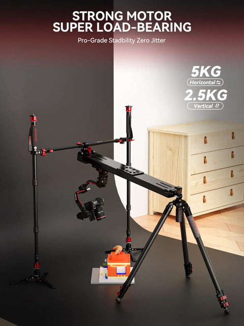 Shark Slider Nano II 860 Motorized Camera Slider on tripod with camera attached, showcasing stability features.