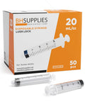 20 Ml Luer Lock Syringes No Needle Sterile Individually Wrapped 50 Pack box with two syringes displayed.