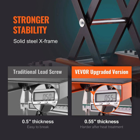 Solid steel X-frame of 1100 Lbs Motorcycle Lift With Dolly And Hand Crank Scissor Lift Jack showing thickness comparison