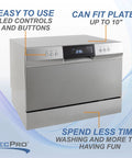 Compact 22 Inch RV Countertop Dishwasher With LED Touch Controls And Child Lock featuring easy-to-use LED buttons and space for 10" plates.