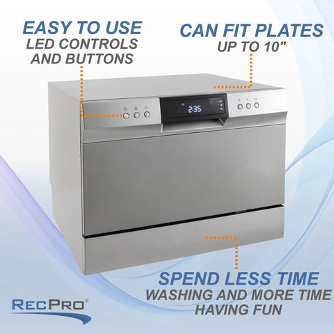 Compact 22 Inch RV Countertop Dishwasher With LED Touch Controls And Child Lock featuring easy-to-use LED buttons and space for 10" plates.
