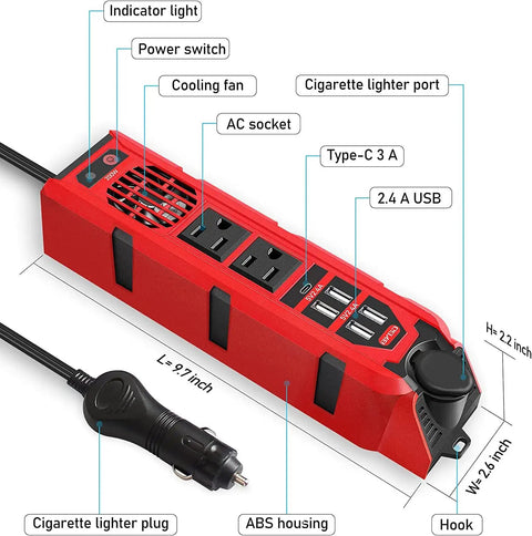 Tailgate Tough 200W Car Power Inverter Converts 12V Dc To 110V Ac No Hassle With Dual Us Sockets Super Fast 2 4 Amp Usb Ports And Type C For Weekend Warriors, showing features like AC sockets and USB ports.