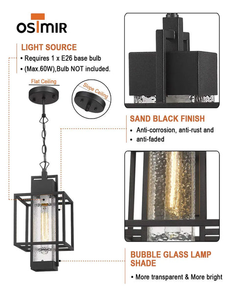 Outdoor Pendant Light 16 Inch One Light Black Hanging Porch Chandelier With Bubble Glass For Patio Gazebo Entryway Modern Farmhouse Style Dope Outdoor Lighting Fixture showing sand black finish and bubble glass shade.
