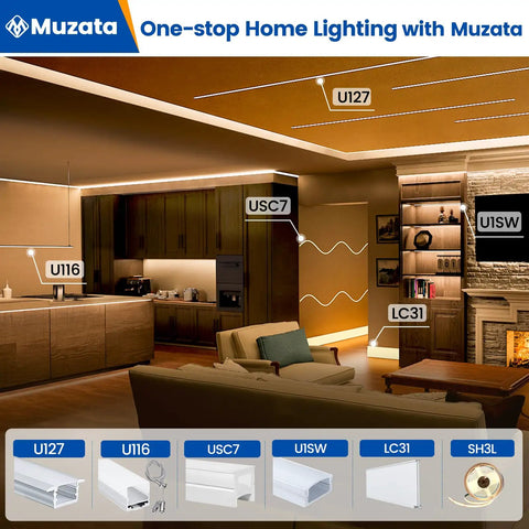 Modern living room with LED strip lighting, featuring 6 Pack 3.3ft LED Channel Kit White Aluminum U Shape Diffuser With Milky White Cover