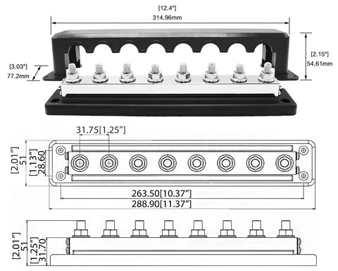 Heavy Duty 600A Power Distribution Block Built Like A Tank With Eight M10 Terminal Studs For Marine Automotive RV Truck And Car Battery Wiring And Repairs Setup dimensions and features shown in black and silver.