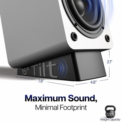 Close-up of Two Pack Desk Speaker Stands with 15 Degree Tilt for Bookshelf and Desktop Speakers 5 x 8 Inch Anti Vibration Risers, Black