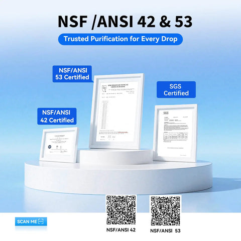 Certificates showcasing NSF ANSI 42 and 53 certification for Stainless Steel Faucet Water Filter on pedestals