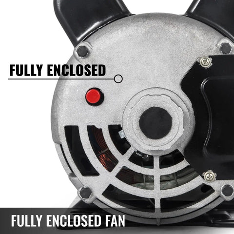 Close-up of No Drama 3Hp And 5Hp Single Phase AC Electric Motor featuring fully enclosed fan design and steel housing.