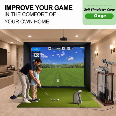 Golf Simulator Enclosure With Double-Layer Silent HD Impact Screen And Side Barriers, 10 By 8 Ft Indoor Hitting Cage setup