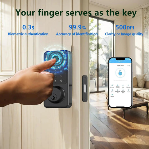 Keyless Entry Door Lock With Fingerprint And Touchscreen Keypad That Really Locks It Down Five Ways To Unlock Including App Control IC Card Passcode And Backup Key Electronic Deadbolt For Home Office And Hotel installed on door