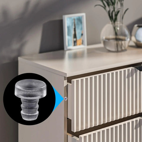 Rock Solid Glass Table Bumpers With Stem Mount, 50 Pack Anti Slip Furniture Pads, silicone bumper close-up on drawer.
