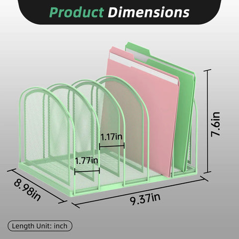 Five Section Mesh Desk Organizer And Vertical File Holder For Desktop Mint Green with product dimensions in inches
