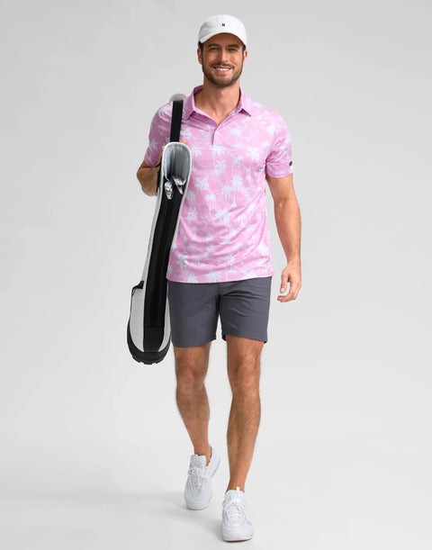 Mens Golf Polo Shirt Short Sleeve Dry Fit Wicking Collared Polo For Men Casual Print With Stretch Performance Fabric Moisture Wicking Anti Wrinkle Colorfast Shrink Resistant Pink Coconut Beach with a man holding a golf bag