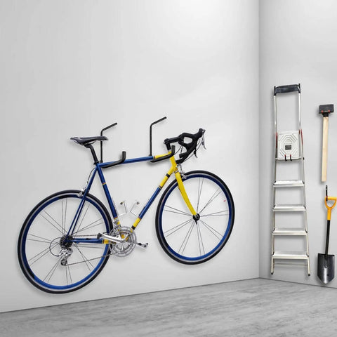 Heavy Duty Garage Storage Hooks Overhead Ceiling Rack 4 Pack Wall Mounted Ladder Hooks Utility Hangers in use with bike and tools