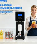 Smiling woman with Pro Grade 370W Automatic Sealing Machine For Milk Tea Bottles And Tea Drinks next to sealed cans