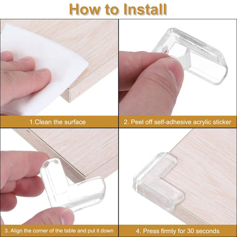Installation steps for Solid T Shaped Corner Guards, 12 Pack Soft PVC Furniture Bumpers For Kids Safety on table edges.