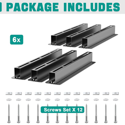 Package includes 6 black brackets and 12 screws for Must Have Heavy Duty Ceiling Storage Rack For Garage, Overhead Bin System With Adjustable Height.