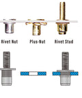 Cross-section view of Rivet Nut, Plus-Nut, and Rivet Stud from Rivet Nut Stud Setter Kit For Metal Projects With Metric And SAE Options