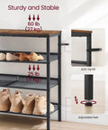 Four Tier Shoe Rack For Entryway Storage Freestanding Adjustable Mesh Shelves showing sturdy frame with weight limit and adjustable feet.