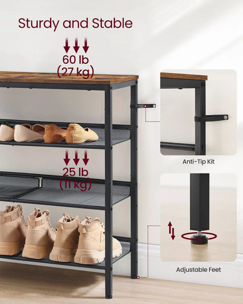 Four Tier Shoe Rack For Entryway Storage Freestanding Adjustable Mesh Shelves showing sturdy frame with weight limit and adjustable feet.