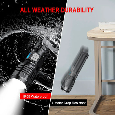Beast Mode Rechargeable LED Flashlight S5000 with 3000 lumens showing waterproof and drop resistance features