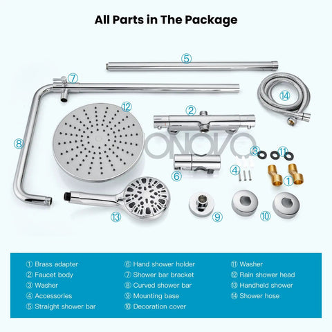 Thermostatic Shower Faucet Exposed Bathroom Setup parts including 8-inch round head, ABS handheld sprayer, no tub spout, polished chrome.