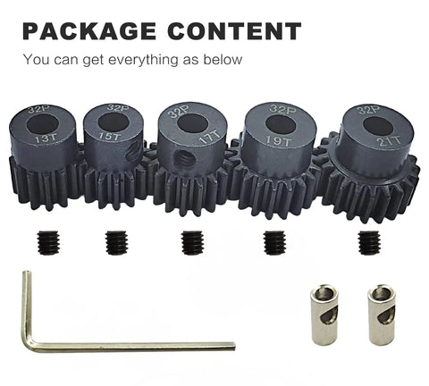 Beefy 32P 5mm Hardened Metal Pinion Gear Set With 3.175mm Coupler for RC Buggy and Monster Truck, includes 13T-21T gears